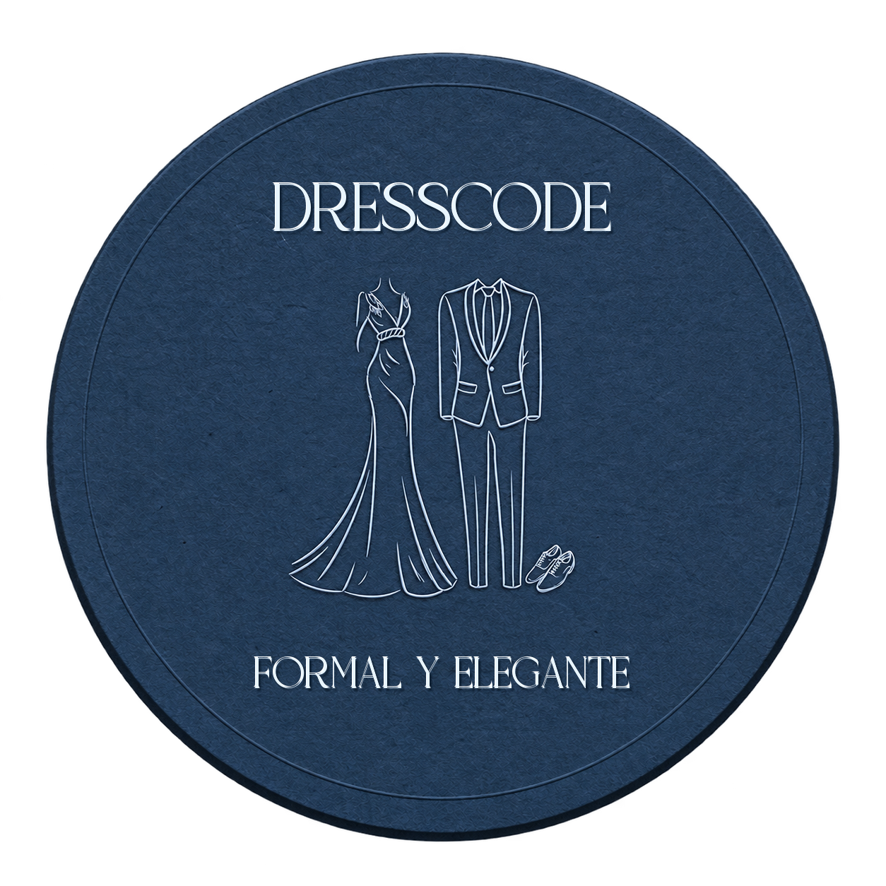 Dresscode: formal y elegante. Ilustración de vestido largo y traje en trazos finos sobre un círculo navy con textura de papel y relieve.