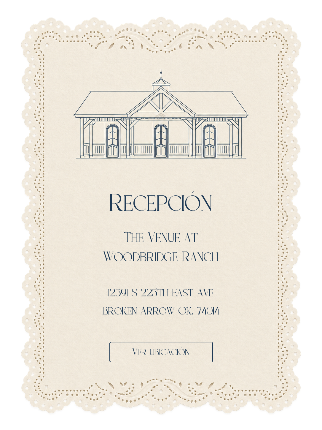 Recepción. The Venue at Woodbridge Ranch. 12391 S 225th East Ave, Broken Arrow Ok, 74014. Tarjeta de encaje marfil con una ilustración navy del pabellón