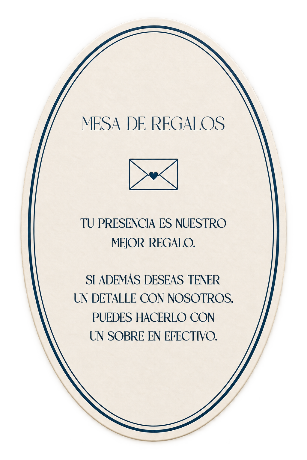 Mesa de regalos. Tu presencia es nuestro mejor regalo. Si además deseas tener un detalle con nosotros, puedes hacerlo con un sobre en efectivo.